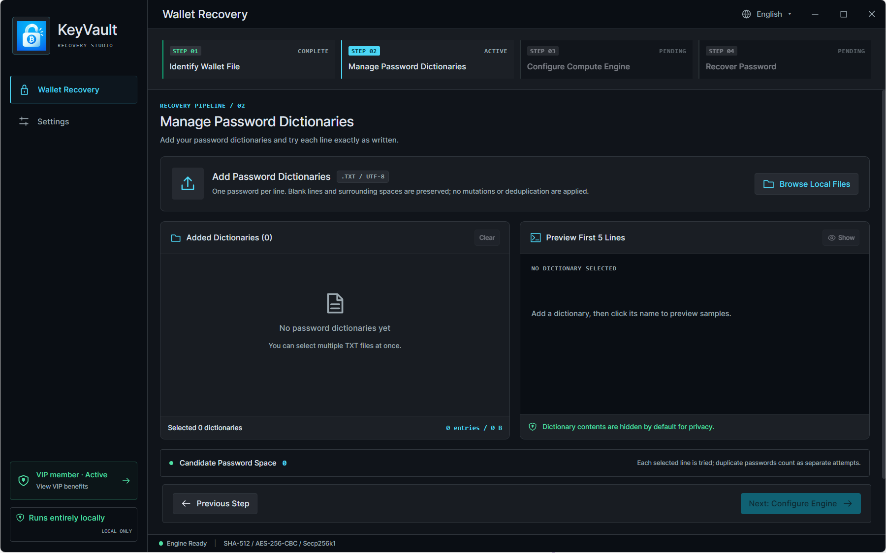Application interface illustrating Password Dictionary Management
