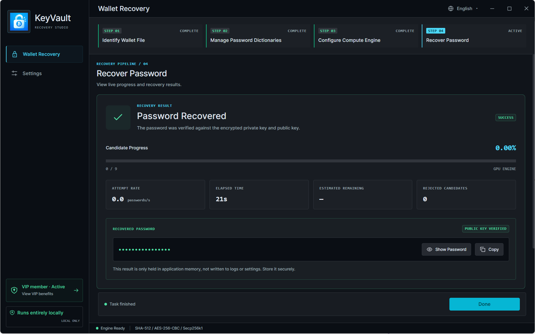 Application interface illustrating Recovery Progress